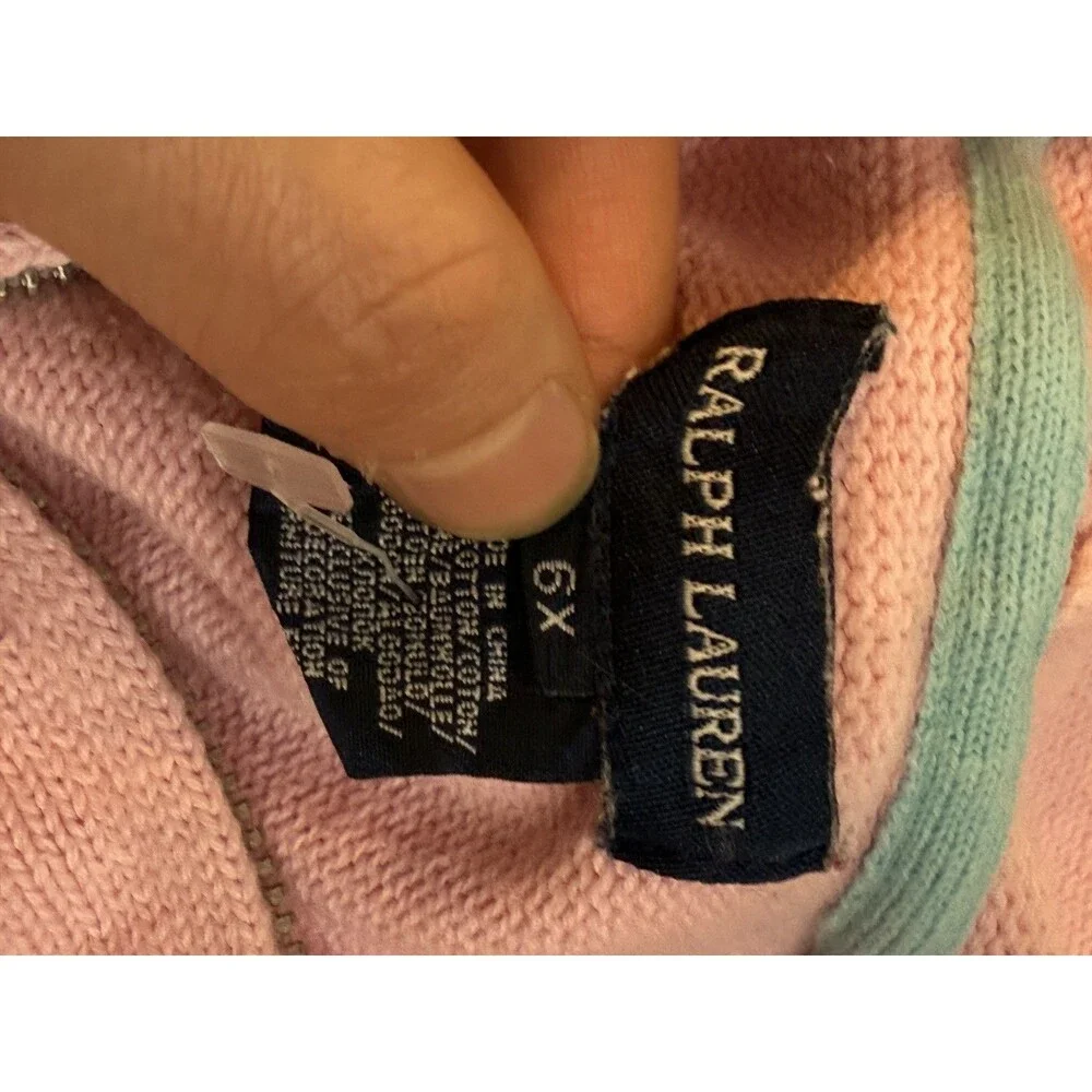 Ralph Lauren Girls Zip Up Knit Cardigan Sweater Size 6x Light Pink Hooded EUC